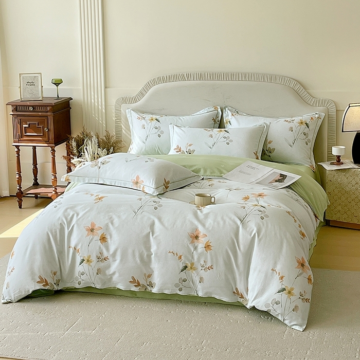 91家纺网 家纺一手货源 找家纺 梧桐树 2026新款高支密全棉纯棉印花四件套 A605春序绿