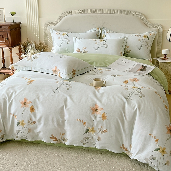 91家纺网 家纺一手货源 找家纺 梧桐树 2026新款高支密全棉纯棉印花四件套 A605春序绿