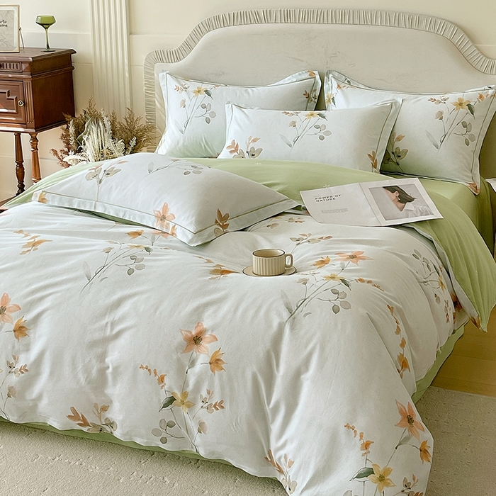 91家纺网 家纺一手货源 找家纺 梧桐树 2026新款高支密全棉纯棉印花四件套 A605春序绿