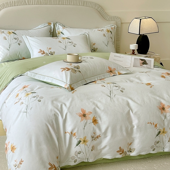 91家纺网 家纺一手货源 找家纺 梧桐树 2026新款高支密全棉纯棉印花四件套 A605春序绿