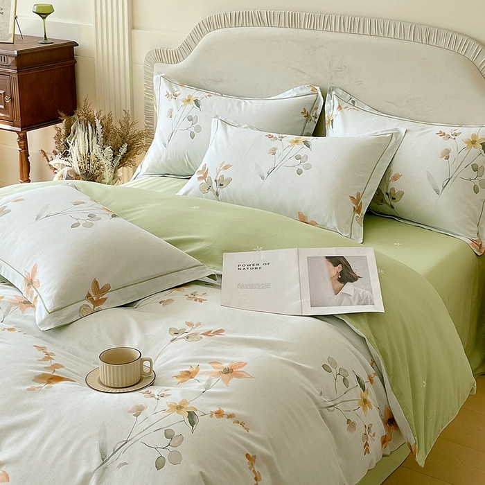 91家纺网 家纺一手货源 找家纺 梧桐树 2026新款高支密全棉纯棉印花四件套 A605春序绿