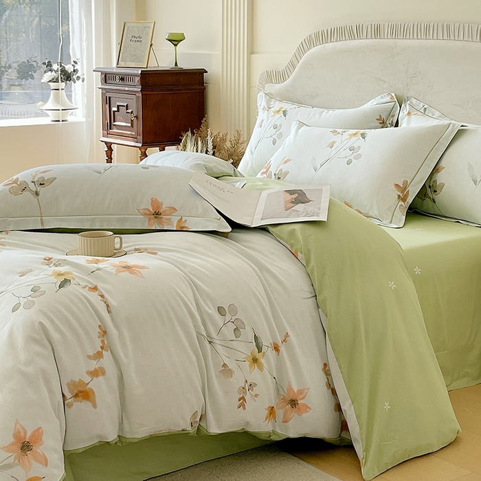 91家纺网 家纺一手货源 找家纺 梧桐树 2026新款高支密全棉纯棉印花四件套 A605春序绿