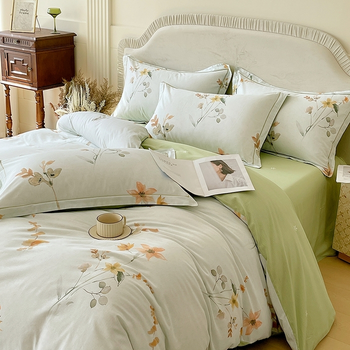 91家纺网 家纺一手货源 找家纺 梧桐树 2026新款高支密全棉纯棉印花四件套 A605春序绿