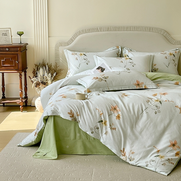 91家纺网 家纺一手货源 找家纺 梧桐树 2026新款高支密全棉纯棉印花四件套 A605春序绿