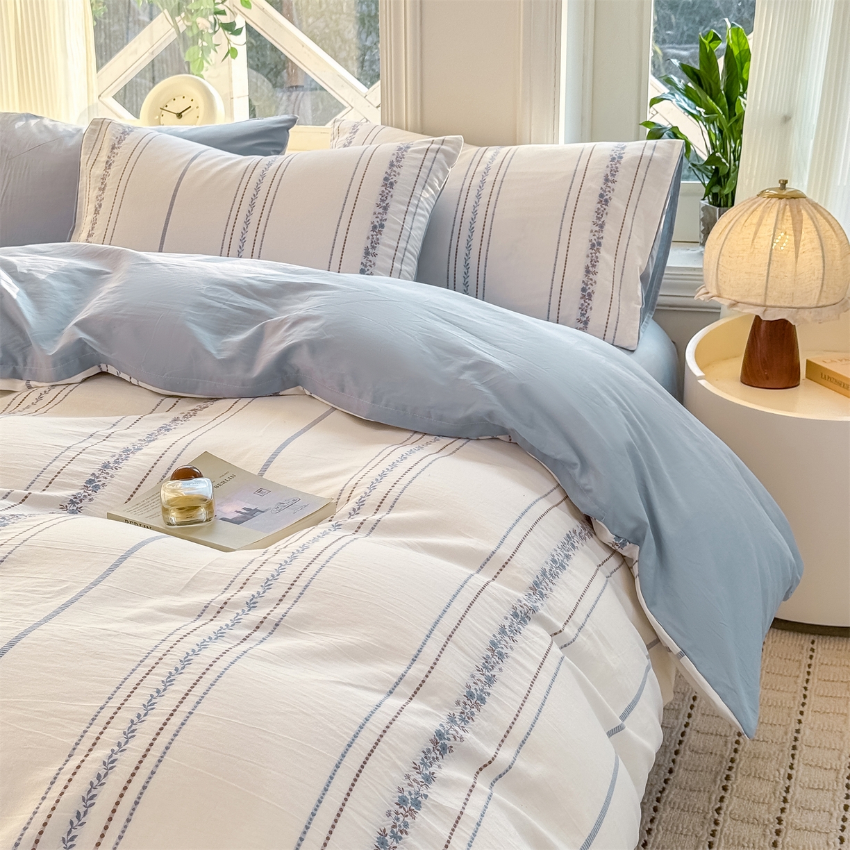 91家纺网 家纺一手货源 找家纺 灰鲸 2026新款A类全棉纯棉色织提花四件套 罗兰-蓝