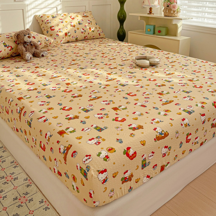 91家纺网 家纺一手货源 找家纺 小桃姐家纺 2025新款超柔印花云感泡芙双层纱床笠单件床笠二三件套 苹果kity