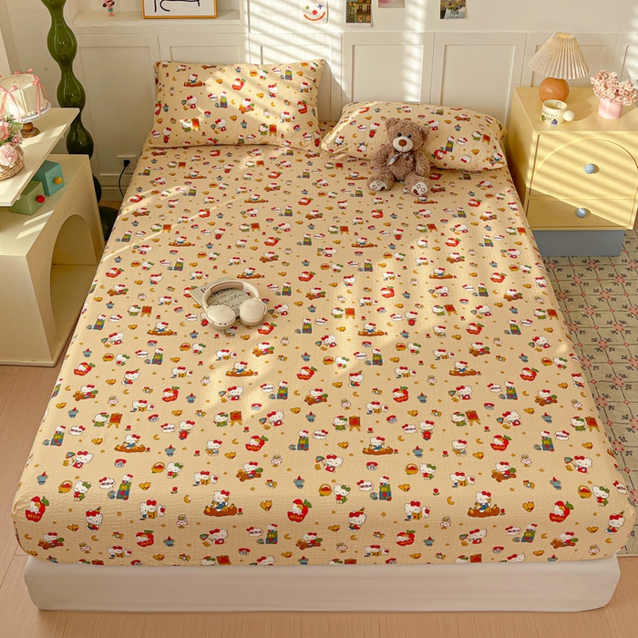 91家纺网 家纺一手货源 找家纺 小桃姐家纺 2025新款超柔印花云感泡芙双层纱床笠单件床笠二三件套 苹果kity