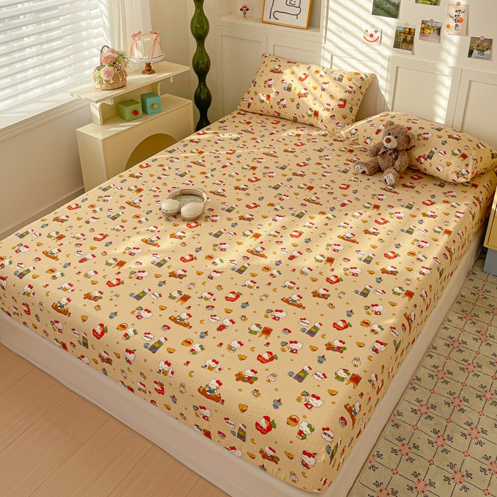 91家纺网 家纺一手货源 找家纺 小桃姐家纺 2025新款超柔印花云感泡芙双层纱床笠单件床笠二三件套 苹果kity