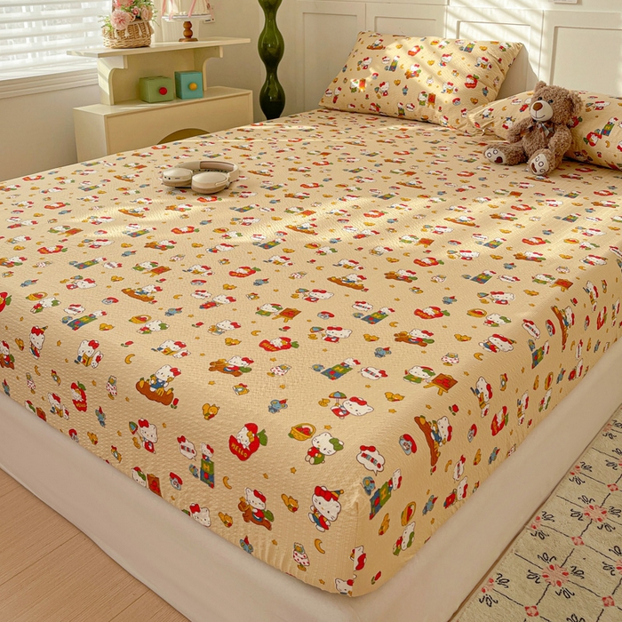 91家纺网 家纺一手货源 找家纺 小桃姐家纺 2025新款超柔印花云感泡芙双层纱床笠单件床笠二三件套 苹果kity