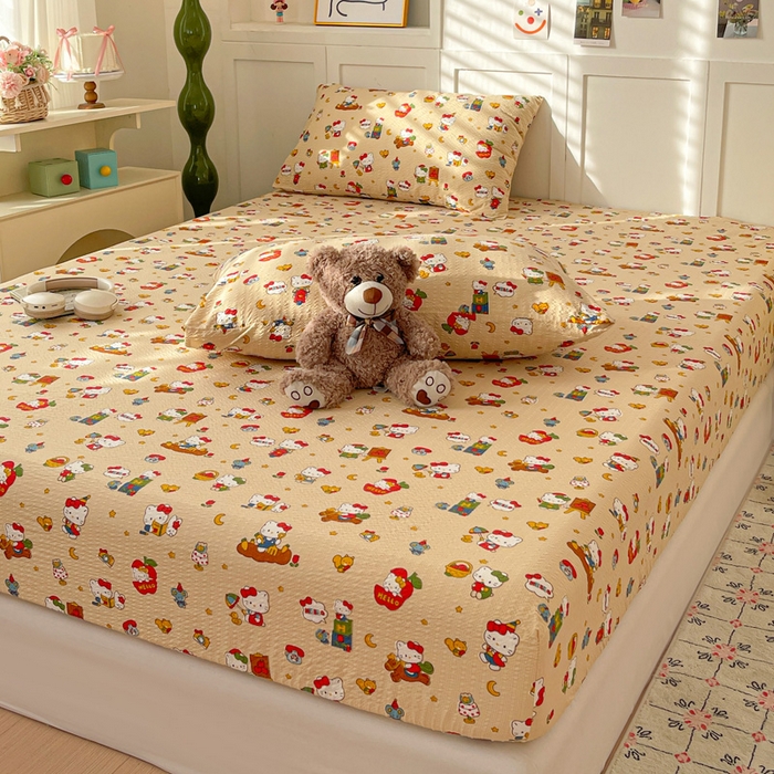 91家纺网 家纺一手货源 找家纺 小桃姐家纺 2025新款超柔印花云感泡芙双层纱床笠单件床笠二三件套 苹果kity