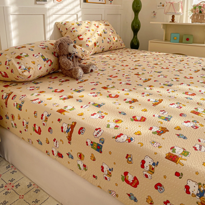 91家纺网 家纺一手货源 找家纺 小桃姐家纺 2025新款超柔印花云感泡芙双层纱床笠单件床笠二三件套 苹果kity