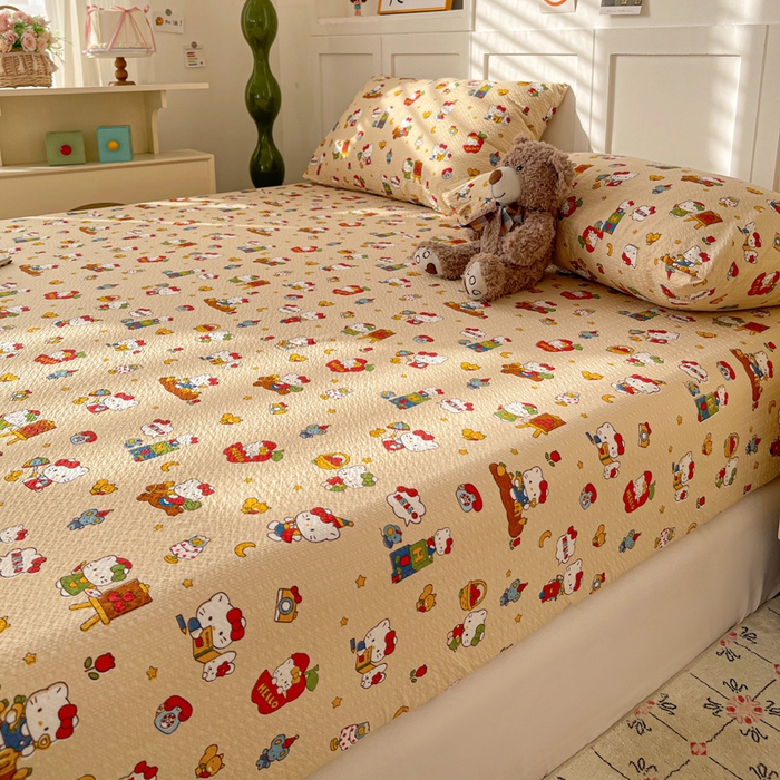 91家纺网 家纺一手货源 找家纺 小桃姐家纺 2025新款超柔印花云感泡芙双层纱床笠单件床笠二三件套 苹果kity