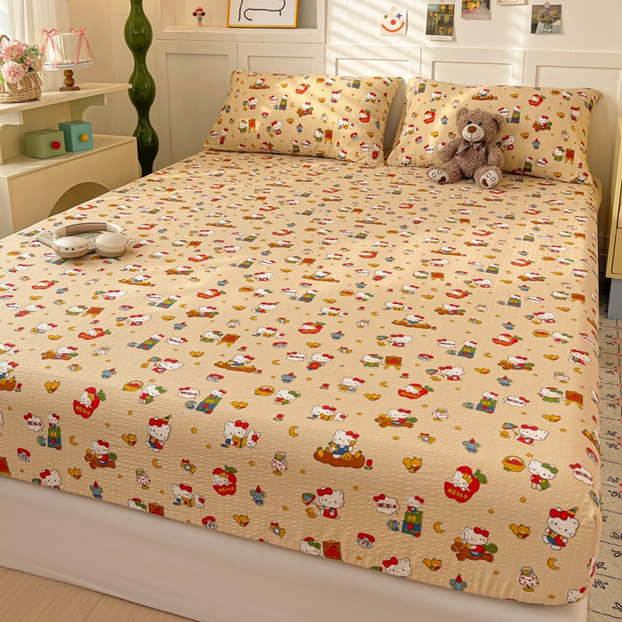 91家纺网 家纺一手货源 找家纺 小桃姐家纺 2025新款超柔印花云感泡芙双层纱床笠单件床笠二三件套 苹果kity