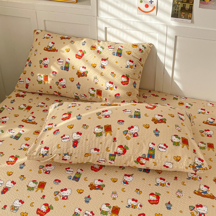 91家纺网 家纺一手货源 找家纺 小桃姐家纺 2025新款超柔印花云感泡芙双层纱床笠单件床笠二三件套 苹果kity