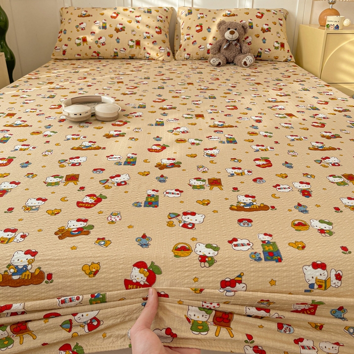 91家纺网 家纺一手货源 找家纺 小桃姐家纺 2025新款超柔印花云感泡芙双层纱床笠单件床笠二三件套 苹果kity