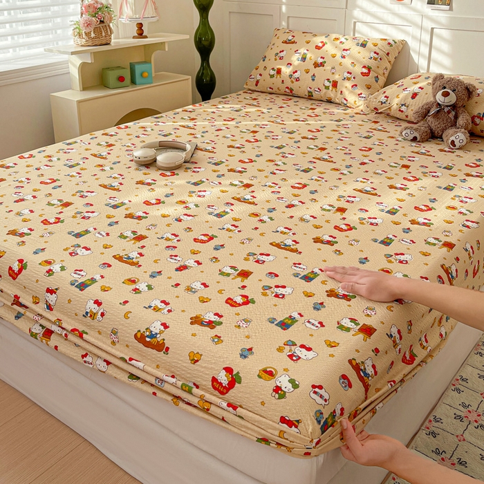 91家纺网 家纺一手货源 找家纺 小桃姐家纺 2025新款超柔印花云感泡芙双层纱床笠单件床笠二三件套 苹果kity