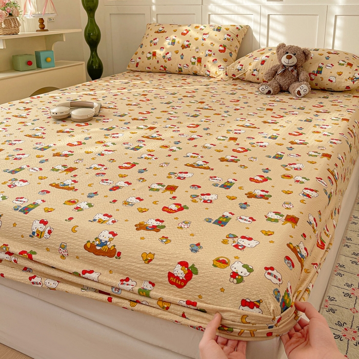 91家纺网 家纺一手货源 找家纺 小桃姐家纺 2025新款超柔印花云感泡芙双层纱床笠单件床笠二三件套 苹果kity