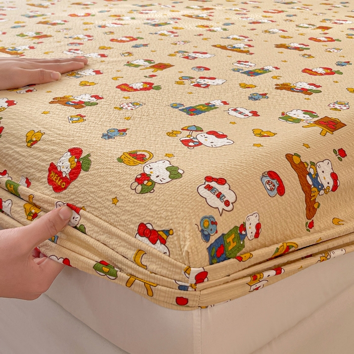 91家纺网 家纺一手货源 找家纺 小桃姐家纺 2025新款超柔印花云感泡芙双层纱床笠单件床笠二三件套 苹果kity