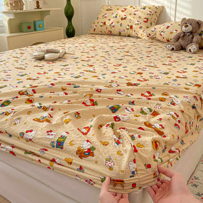 91家纺网 家纺一手货源 找家纺 小桃姐家纺 2025新款超柔印花云感泡芙双层纱床笠单件床笠二三件套 苹果kity