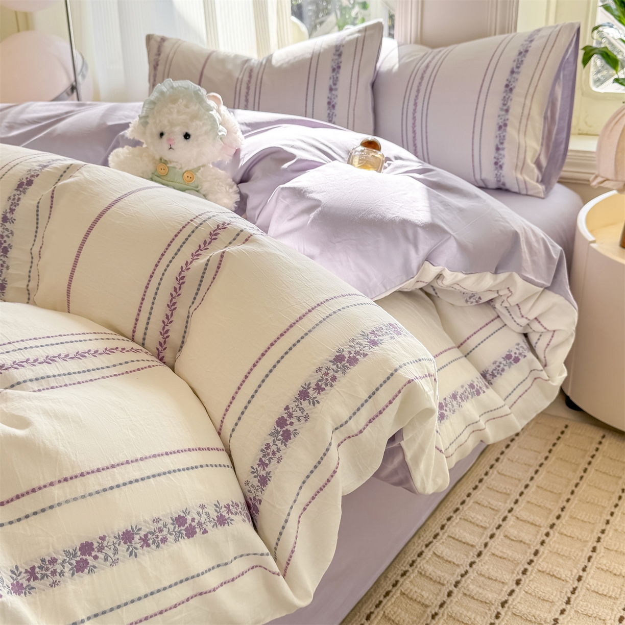 91家纺网 家纺一手货源 找家纺 灰鲸 2026新款A类全棉纯棉色织提花四件套 罗兰-紫