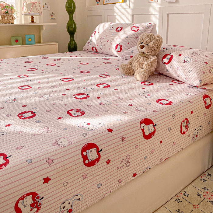 91家纺网 家纺一手货源 找家纺 小桃姐家纺 2025新款超柔印花云感泡芙双层纱床笠单件床笠二三件套 苹果喵