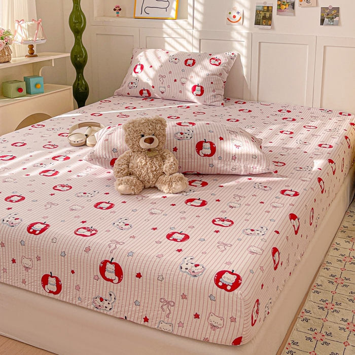 91家纺网 家纺一手货源 找家纺 小桃姐家纺 2025新款超柔印花云感泡芙双层纱床笠单件床笠二三件套 苹果喵