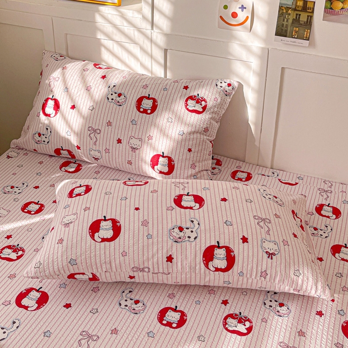 91家纺网 家纺一手货源 找家纺 小桃姐家纺 2025新款超柔印花云感泡芙双层纱床笠单件床笠二三件套 苹果喵