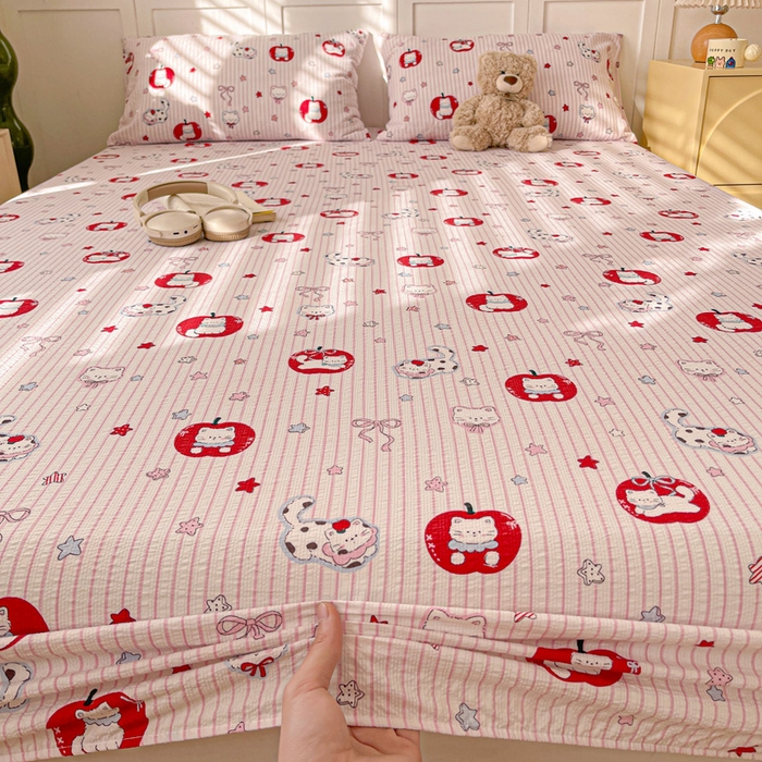 91家纺网 家纺一手货源 找家纺 小桃姐家纺 2025新款超柔印花云感泡芙双层纱床笠单件床笠二三件套 苹果喵