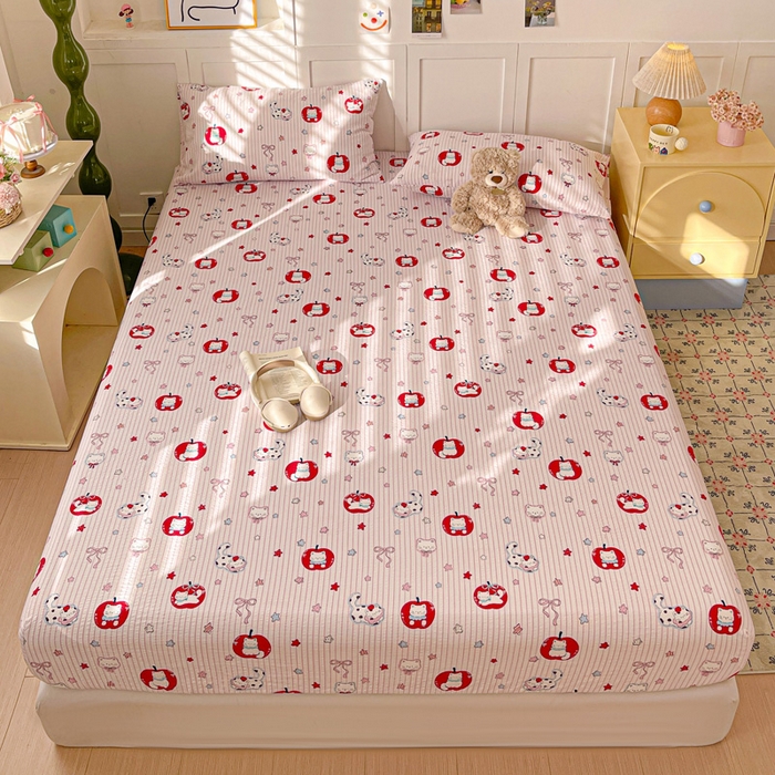 91家纺网 家纺一手货源 找家纺 小桃姐家纺 2025新款超柔印花云感泡芙双层纱床笠单件床笠二三件套 苹果喵