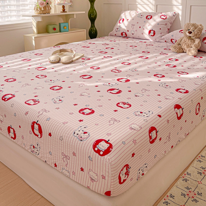 91家纺网 家纺一手货源 找家纺 小桃姐家纺 2025新款超柔印花云感泡芙双层纱床笠单件床笠二三件套 苹果喵