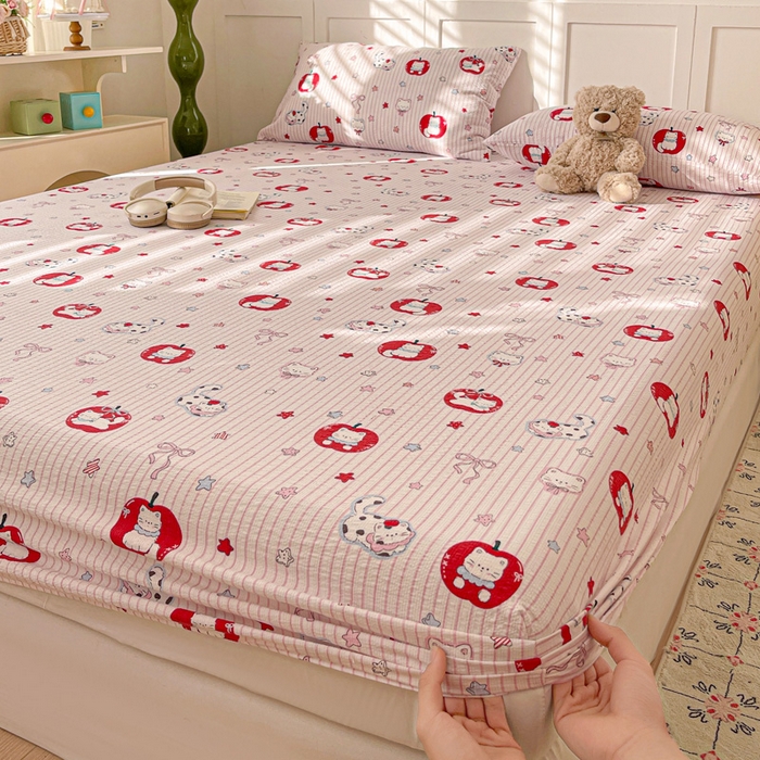 91家纺网 家纺一手货源 找家纺 小桃姐家纺 2025新款超柔印花云感泡芙双层纱床笠单件床笠二三件套 苹果喵