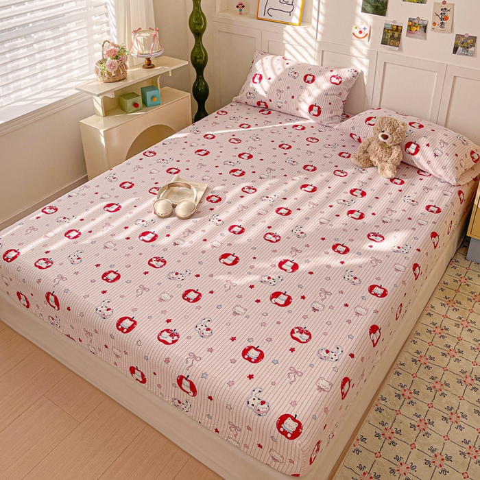 91家纺网 家纺一手货源 找家纺 小桃姐家纺 2025新款超柔印花云感泡芙双层纱床笠单件床笠二三件套 苹果喵