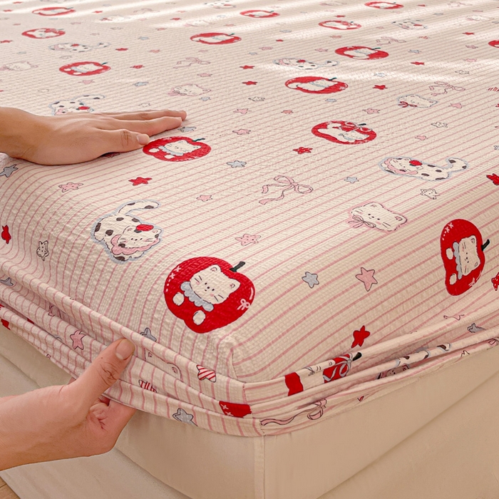 91家纺网 家纺一手货源 找家纺 小桃姐家纺 2025新款超柔印花云感泡芙双层纱床笠单件床笠二三件套 苹果喵