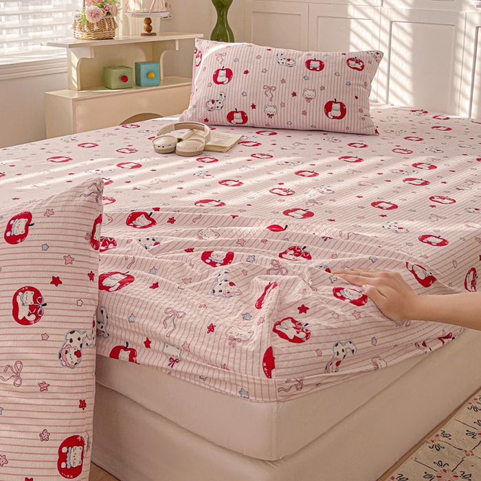 91家纺网 家纺一手货源 找家纺 小桃姐家纺 2025新款超柔印花云感泡芙双层纱床笠单件床笠二三件套 苹果喵