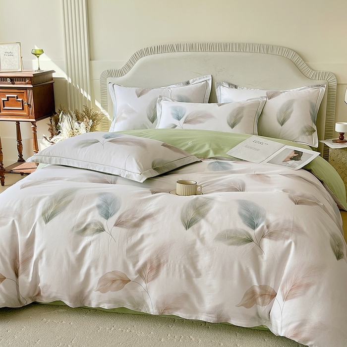 91家纺网 家纺一手货源 找家纺 梧桐树 2026新款高支密全棉纯棉印花四件套 A607风之羽绿