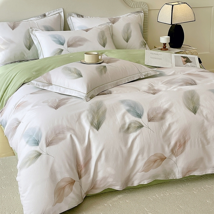 91家纺网 家纺一手货源 找家纺 梧桐树 2026新款高支密全棉纯棉印花四件套 A607风之羽绿