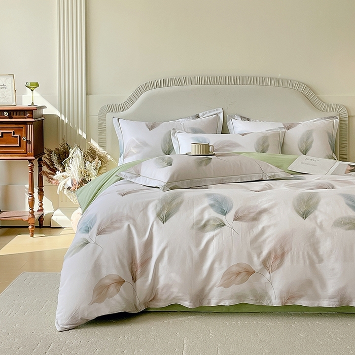 91家纺网 家纺一手货源 找家纺 梧桐树 2026新款高支密全棉纯棉印花四件套 A607风之羽绿