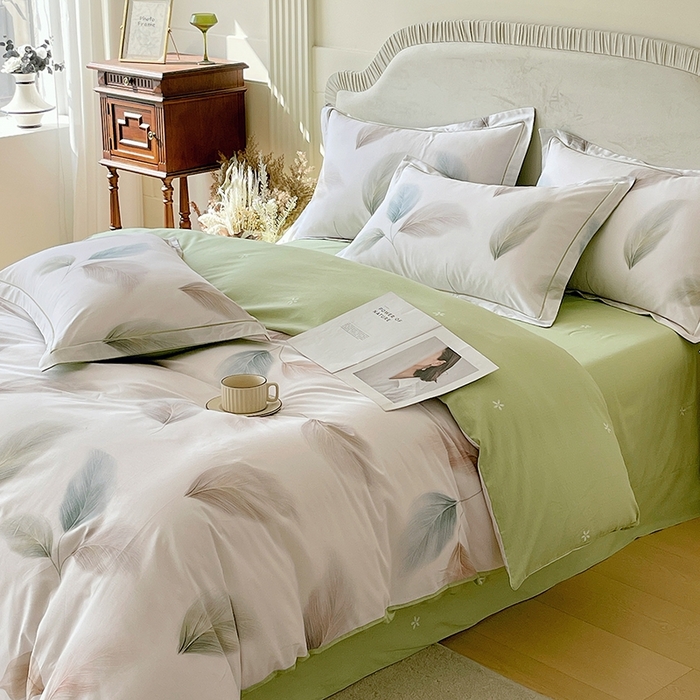 91家纺网 家纺一手货源 找家纺 梧桐树 2026新款高支密全棉纯棉印花四件套 A607风之羽绿