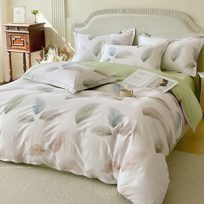 91家纺网 家纺一手货源 找家纺 梧桐树 2026新款高支密全棉纯棉印花四件套 A607风之羽绿