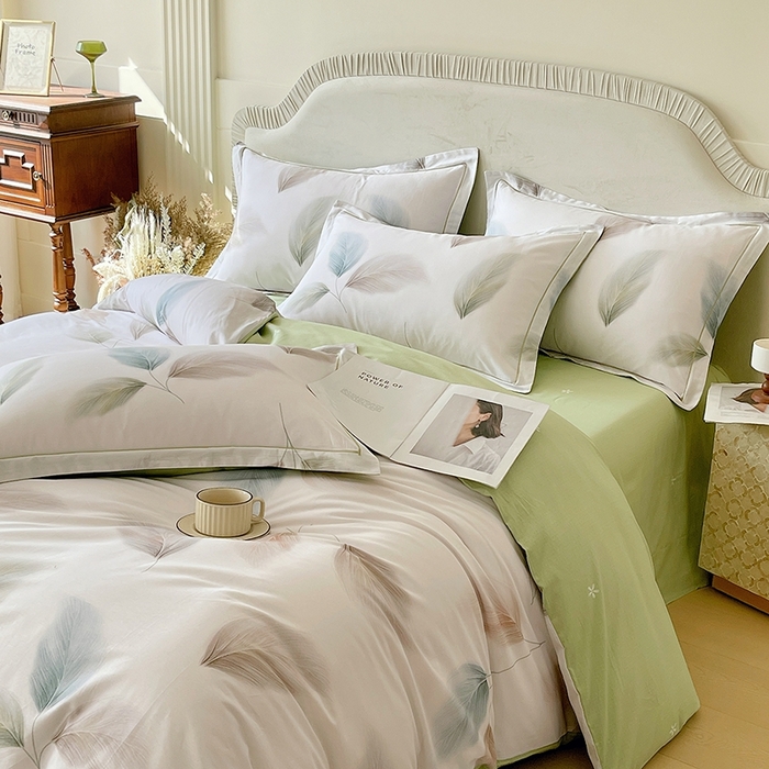 91家纺网 家纺一手货源 找家纺 梧桐树 2026新款高支密全棉纯棉印花四件套 A607风之羽绿