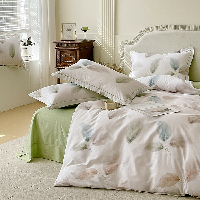 91家纺网 家纺一手货源 找家纺 梧桐树 2026新款高支密全棉纯棉印花四件套 A607风之羽绿