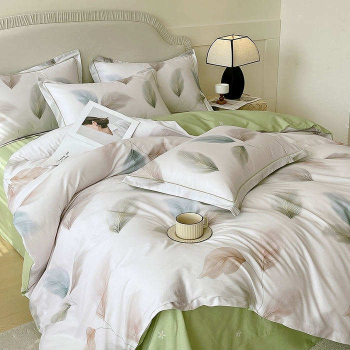 91家纺网 家纺一手货源 找家纺 梧桐树 2026新款高支密全棉纯棉印花四件套 A607风之羽绿