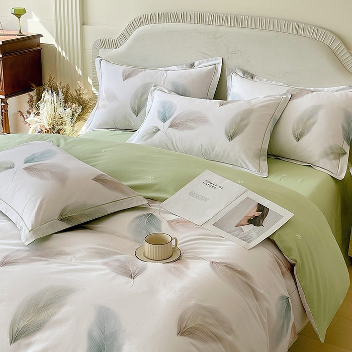 91家纺网 家纺一手货源 找家纺 梧桐树 2026新款高支密全棉纯棉印花四件套 A607风之羽绿