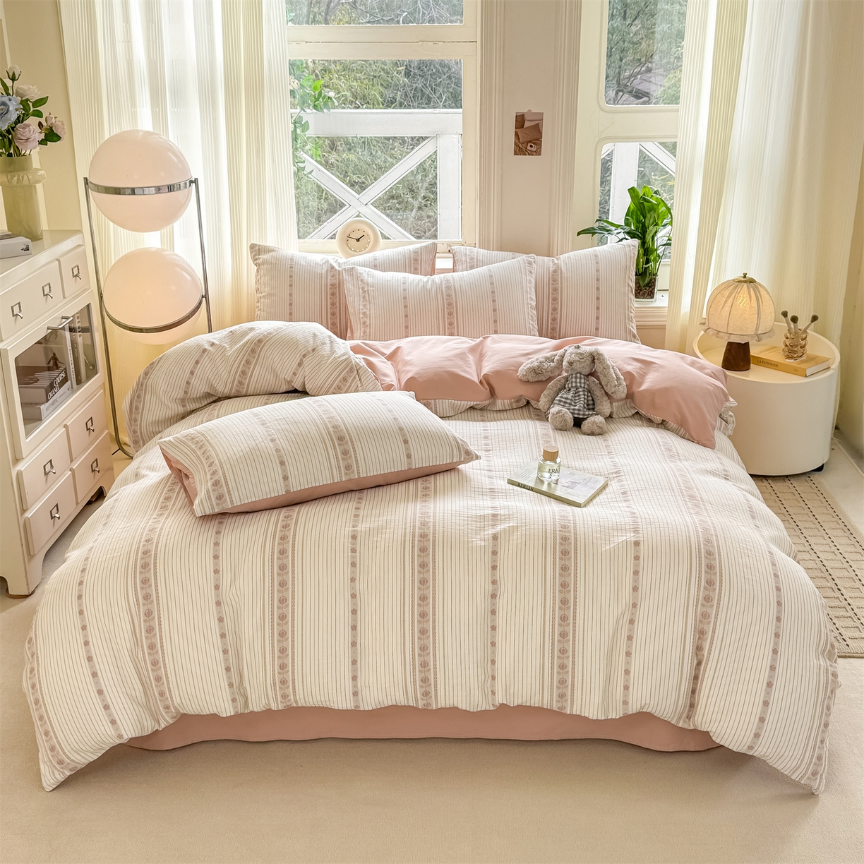 91家纺网 家纺一手货源 找家纺 灰鲸 2026新款A类全棉纯棉色织提花四件套 木槿-粉