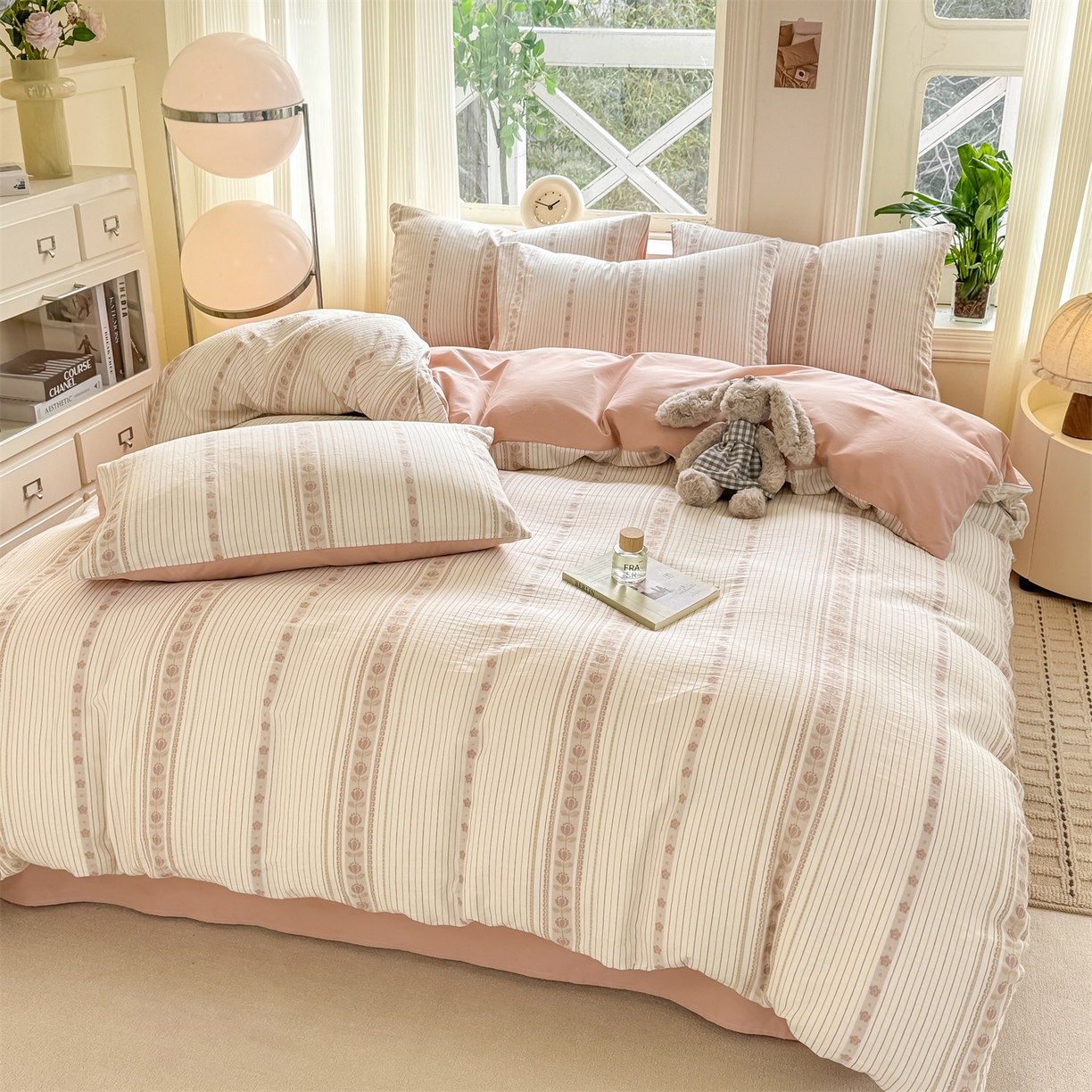 91家纺网 家纺一手货源 找家纺 灰鲸 2026新款A类全棉纯棉色织提花四件套 木槿-粉