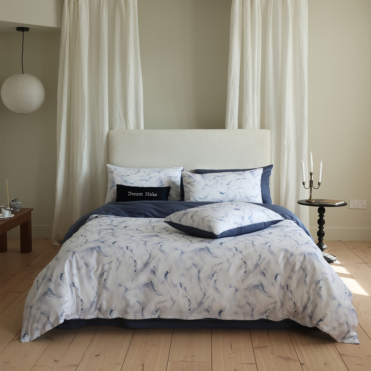 91家纺网 家纺一手货源 找家纺 ONE TWO ONE 121 【会员-20】【控价商品】【提供买家秀】【专版花型】2026新款100s长绒棉全棉床上用品数码印花四件套-听潮絮语 听潮絮语-海蓝