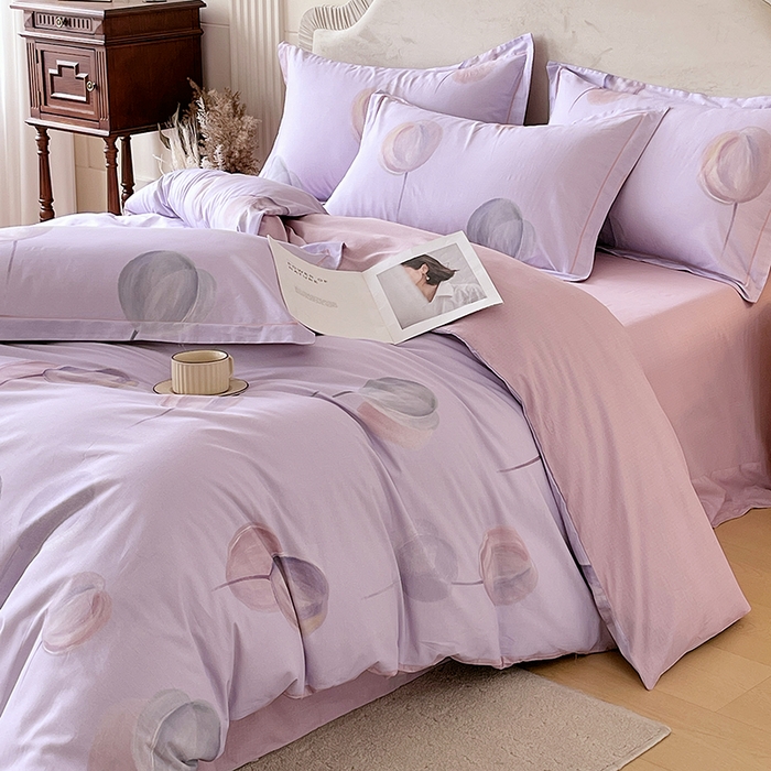 91家纺网 家纺一手货源 找家纺 梧桐树 2026新款高支密全棉纯棉印花四件套 A608静待花开紫