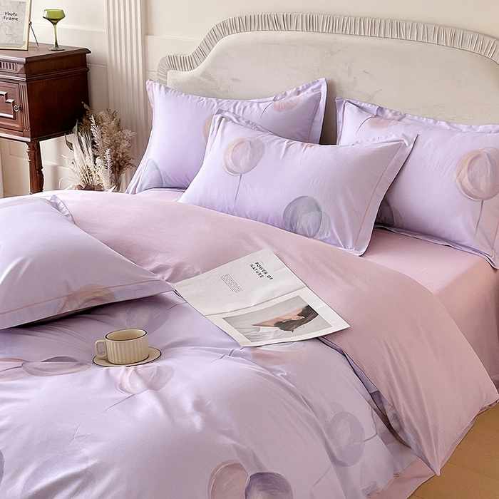 91家纺网 家纺一手货源 找家纺 梧桐树 2026新款高支密全棉纯棉印花四件套 A608静待花开紫