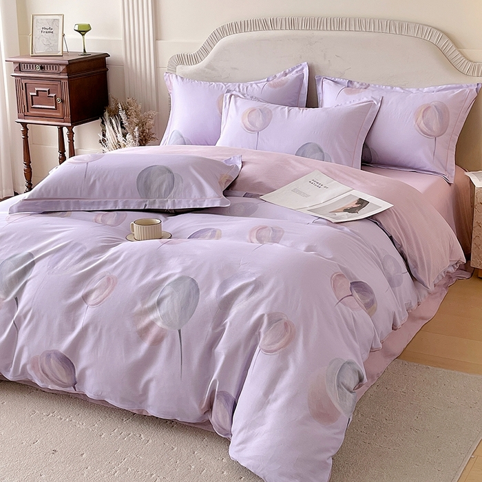 91家纺网 家纺一手货源 找家纺 梧桐树 2026新款高支密全棉纯棉印花四件套 A608静待花开紫