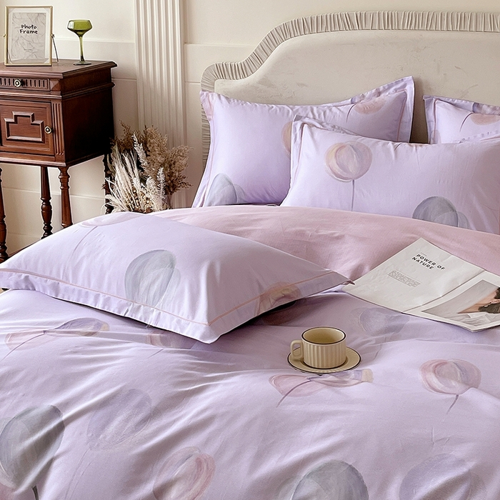 91家纺网 家纺一手货源 找家纺 梧桐树 2026新款高支密全棉纯棉印花四件套 A608静待花开紫